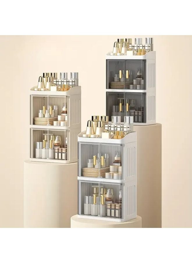 Cream Transparent 2 Tier Large Capacity Foldable Makeup Organizer Cosmetic Storage Box - Image 2